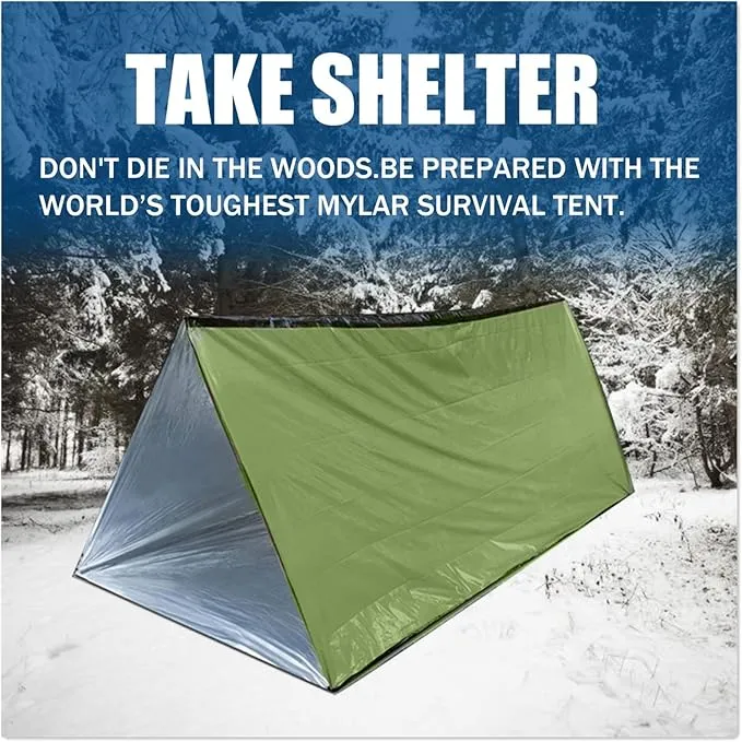 1 Piece Survival Shelter, Polyester Film Emergency Tent with String Bundle Pocket Whistle,String with Buckle for Hiking, Camping, First Aid Hurricane