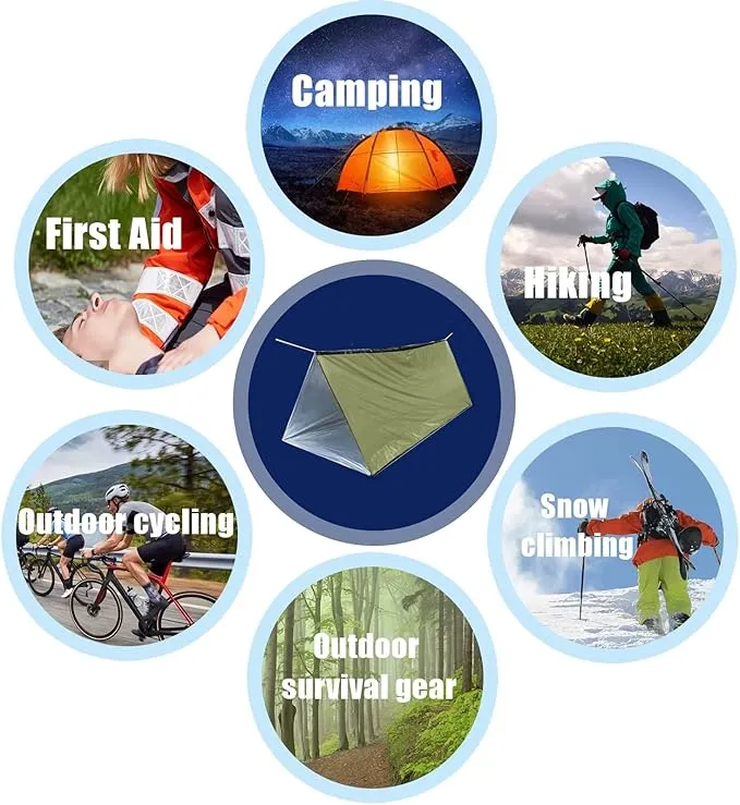 1 Piece Survival Shelter, Polyester Film Emergency Tent with String Bundle Pocket Whistle,String with Buckle for Hiking, Camping, First Aid Hurricane