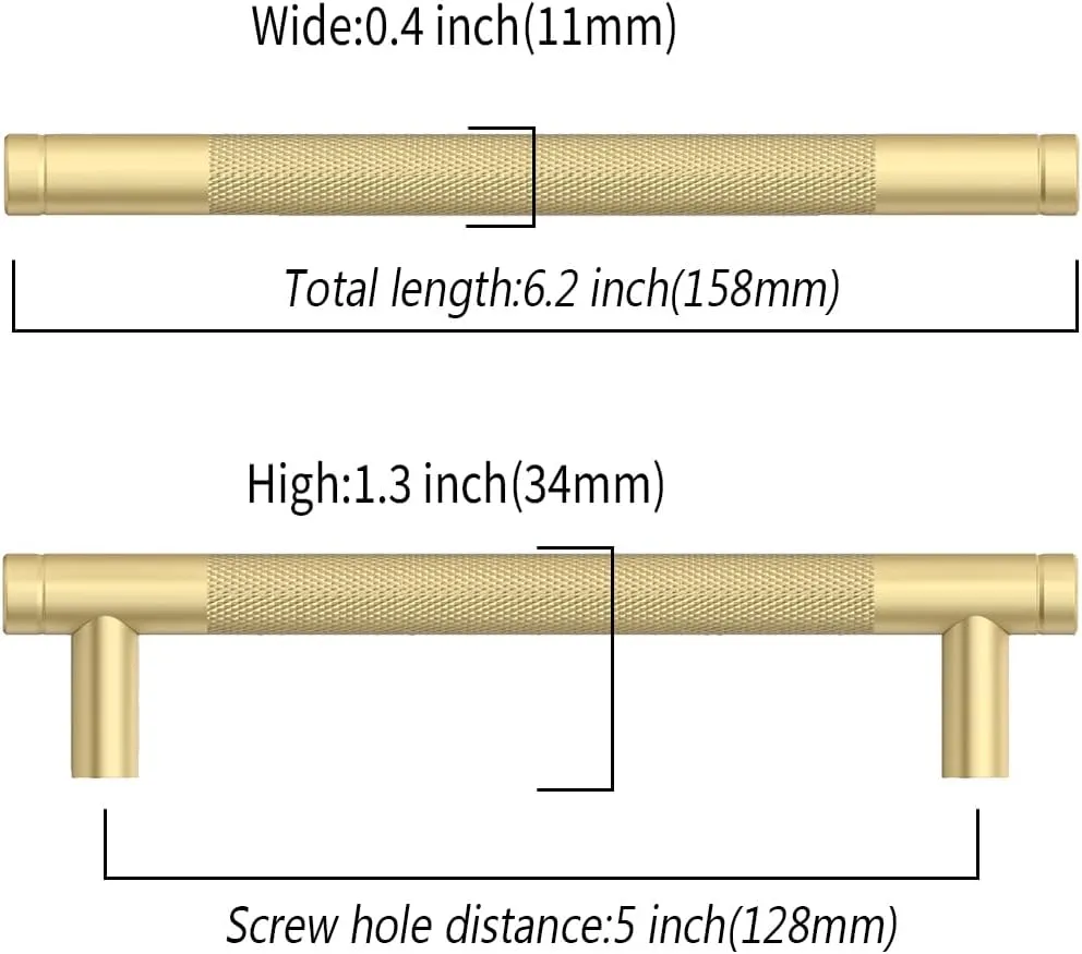 10 Pack 5"(128mm) Brushed Gold Cabinet Pulls Knurled Kitchen Cabinet Handles Drawer Pulls Cupboard Hardware for Cabinets