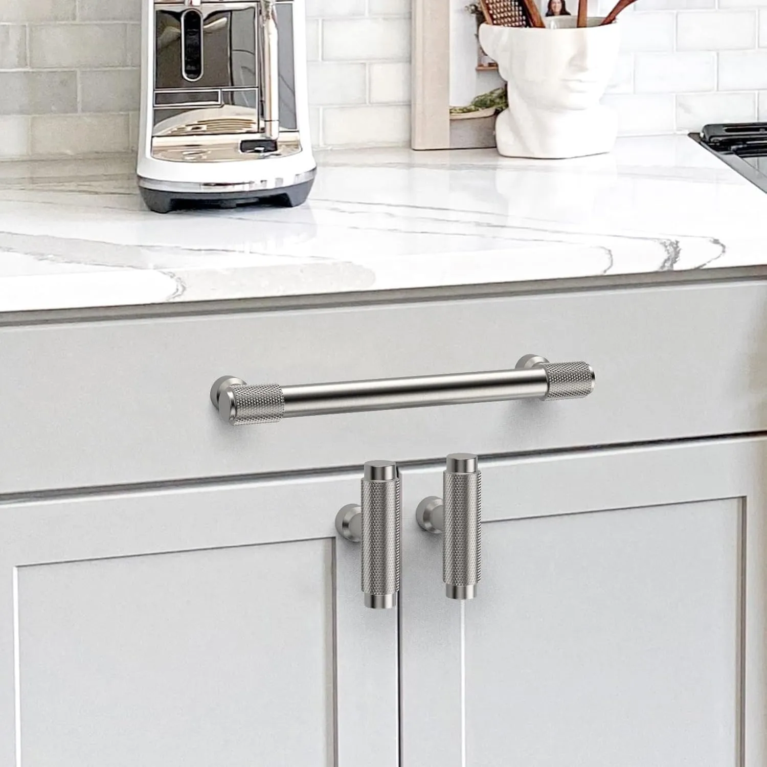 10 Pack 5"(128mm) Brushed Satin Nickel Cabinet Pulls Knurled Kitchen Cabinet Handles Drawer Pulls Cupboard Hardware for Cabinets