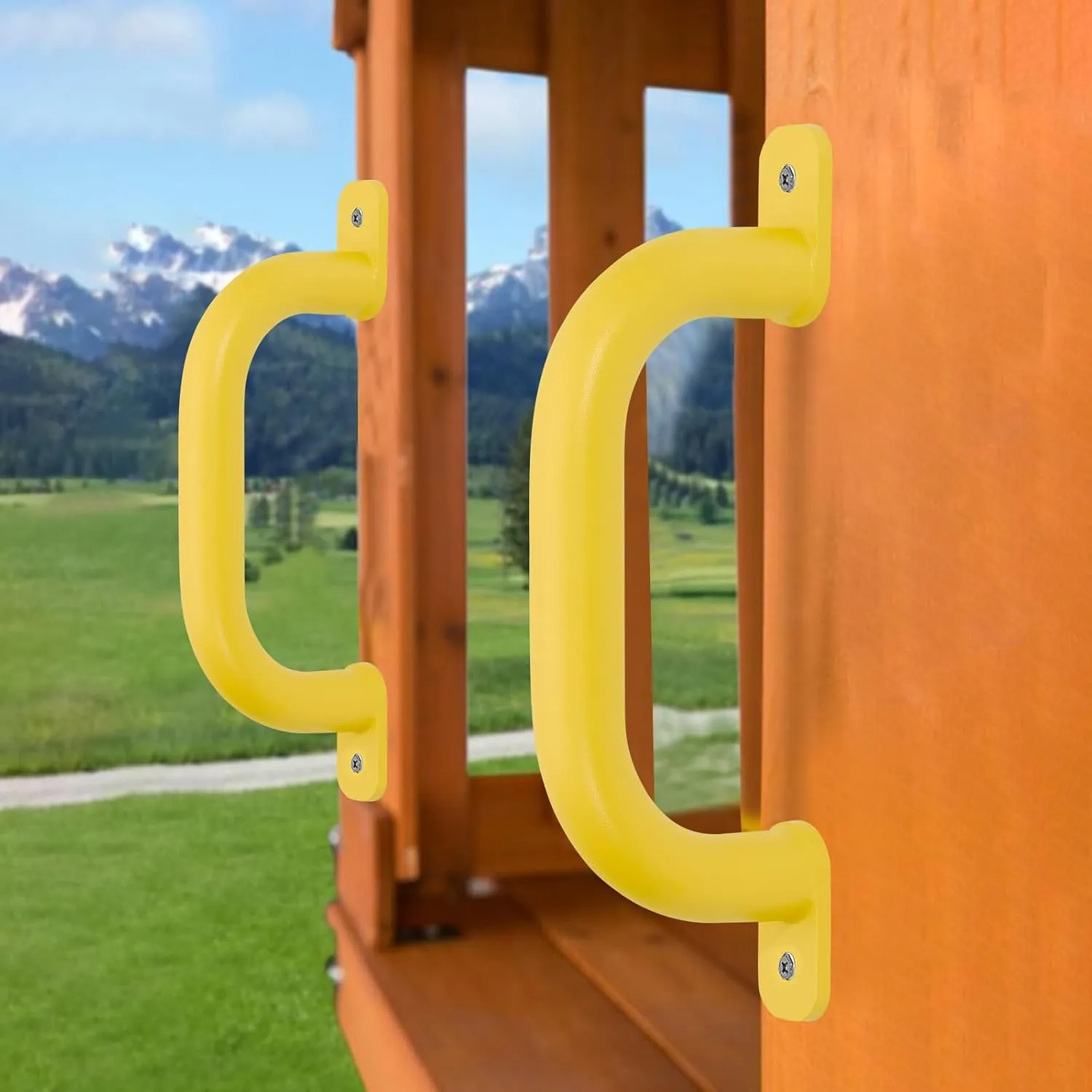 10'' Yellow Playground Accessories Metal Handles Set of 2 - Outdoor Playset Attachment Grab Handles, Kids Grab Bar for Playhouse,Treehouse, Jungle Gym, Climbing Frame