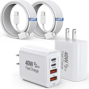 10FT iPhone 16 15 Pro Charger,2Pack 10Foot USB C to C Woven Cable Cord 40W USB C Apple Charger 4 Port PD&AC Charger Block Fast Charging for iPhone 16/16 Pro/16 Pro Max/16 Plus/15/15 Pro/15Pro Max/iPad