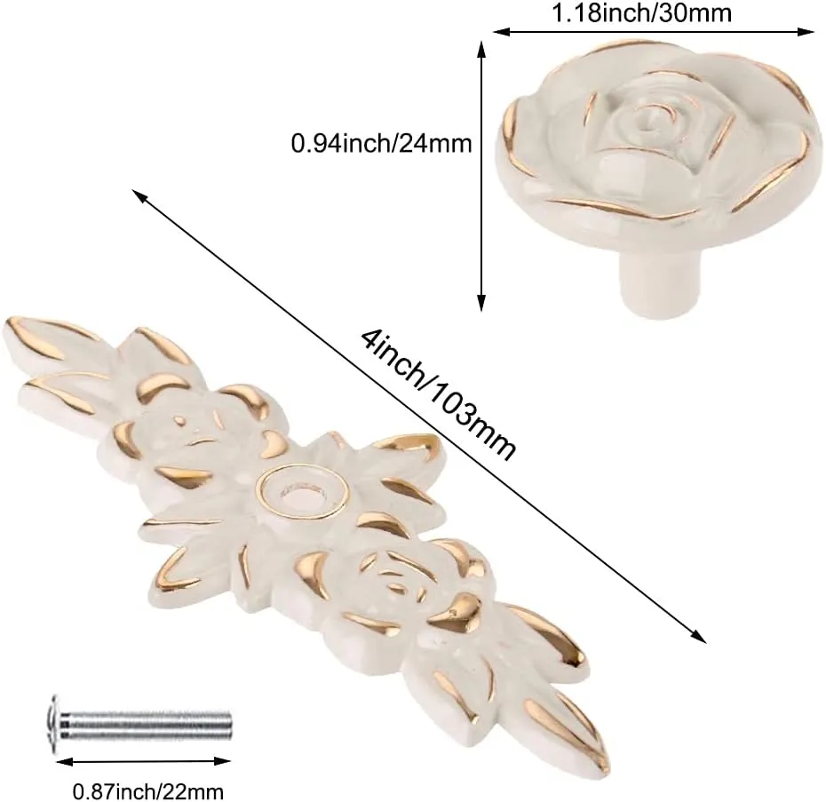 10pcs Rose Flower Cabinet Knobs Vintage Kitchen Shabby Chic Drawer Pull Handles with Base for Dresser Vanity Nightstand Cupboard Wardrobe Closet Drawer (Ivory White with Gold Edge)