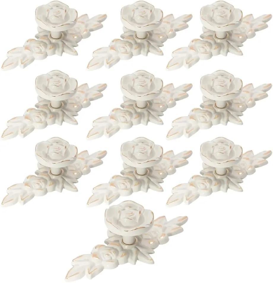 10pcs Rose Flower Cabinet Knobs Vintage Kitchen Shabby Chic Drawer Pull Handles with Base for Dresser Vanity Nightstand Cupboard Wardrobe Closet Drawer (Ivory White with Gold Edge)