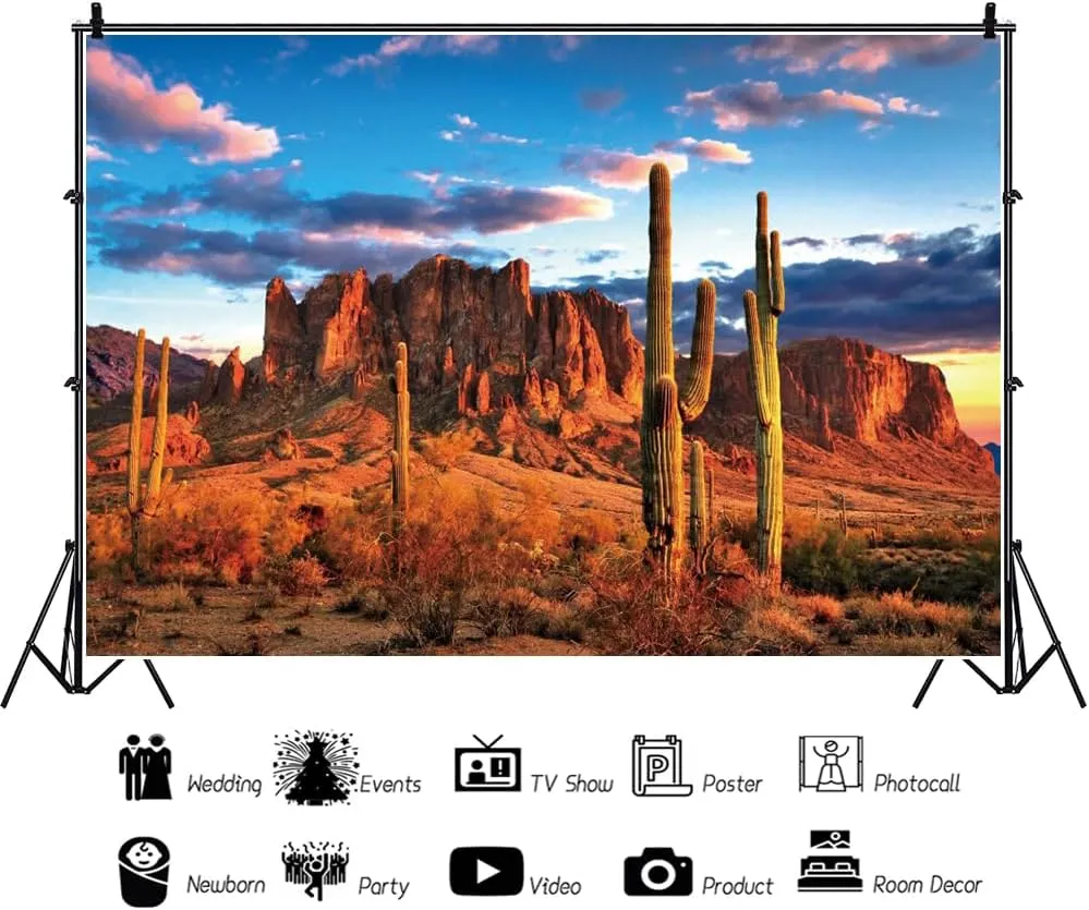 10x6.5ft Desert Scenery Background Blue Sky Sand Dunes Prickly Cactus Saguaro Arizona Desert Photography Backdrop Western Party Decor Wilderness Mountain Background Cowboys Portrait Props