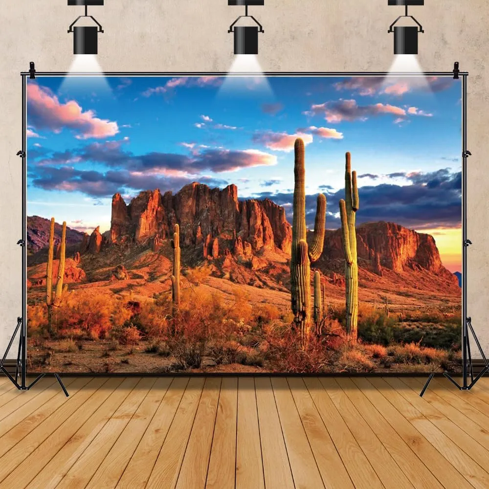 10x6.5ft Desert Scenery Background Blue Sky Sand Dunes Prickly Cactus Saguaro Arizona Desert Photography Backdrop Western Party Decor Wilderness Mountain Background Cowboys Portrait Props