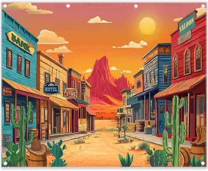 10x8ft Fabric Cartoon Desert Backdrop Western Cowboy Cactus Retro Building Mountain Photography Background School Summer Activities Party Decorations Photo Props