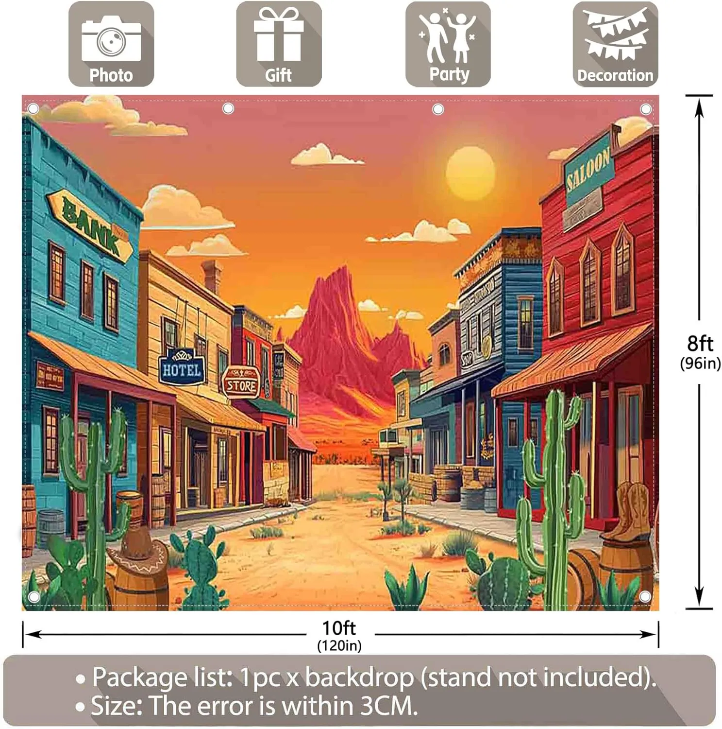 10x8ft Fabric Cartoon Desert Backdrop Western Cowboy Cactus Retro Building Mountain Photography Background School Summer Activities Party Decorations Photo Props