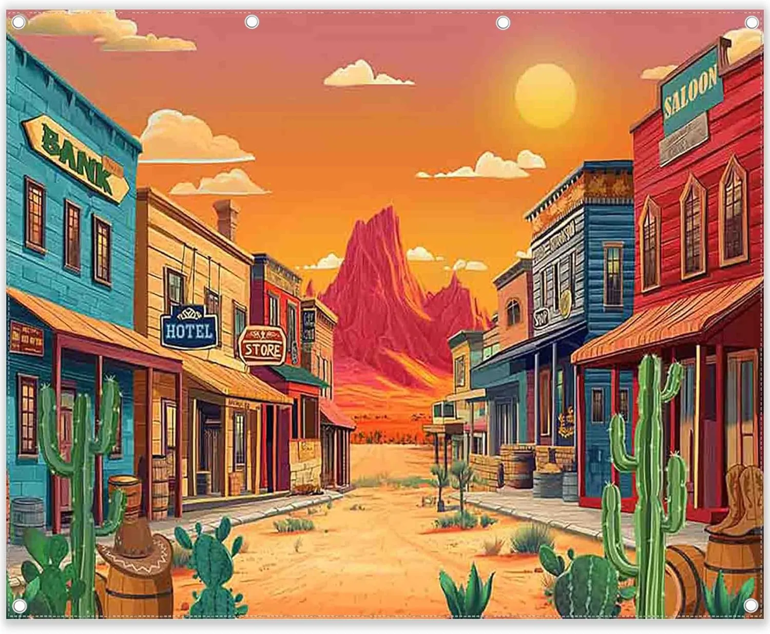 10x8ft Fabric Cartoon Desert Backdrop Western Cowboy Cactus Retro Building Mountain Photography Background School Summer Activities Party Decorations Photo Props