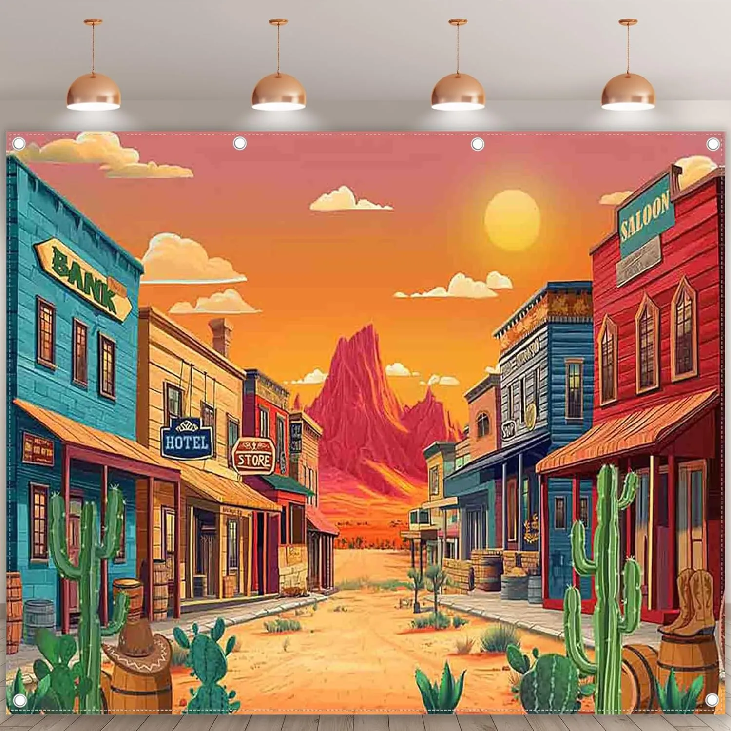 10x8ft Fabric Cartoon Desert Backdrop Western Cowboy Cactus Retro Building Mountain Photography Background School Summer Activities Party Decorations Photo Props