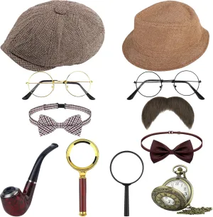 11PCS Detective Costume for Kids Detective Hat Magnifying Glass Glasses Fake Mustache Bow Tie Pocket Watch (Type D)