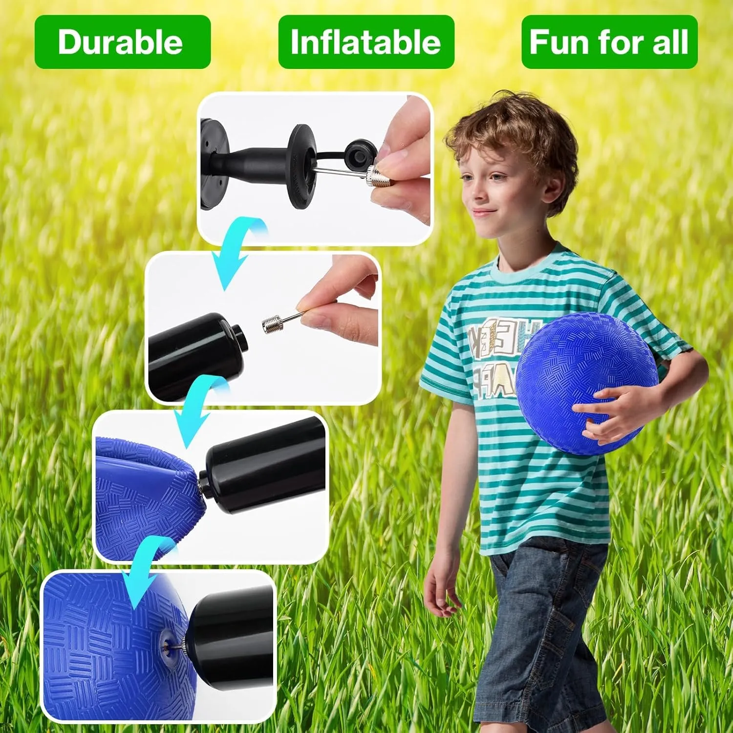 12 Pcs Dodgeballs 5 Inch Kickball Playground Ball Blue Inflatable Rubber Handball Bouncy Dodge Ball with 1 Hand Pump for Outdoors Ball Games Gym Camps Picnic (Needle is at The Top of The Pump)