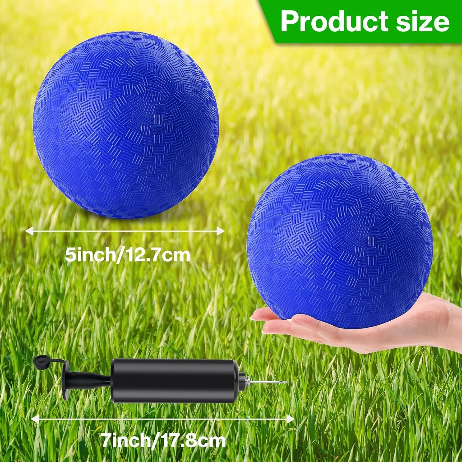 12 Pcs Dodgeballs 5 Inch Kickball Playground Ball Blue Inflatable Rubber Handball Bouncy Dodge Ball with 1 Hand Pump for Outdoors Ball Games Gym Camps Picnic (Needle is at The Top of The Pump)