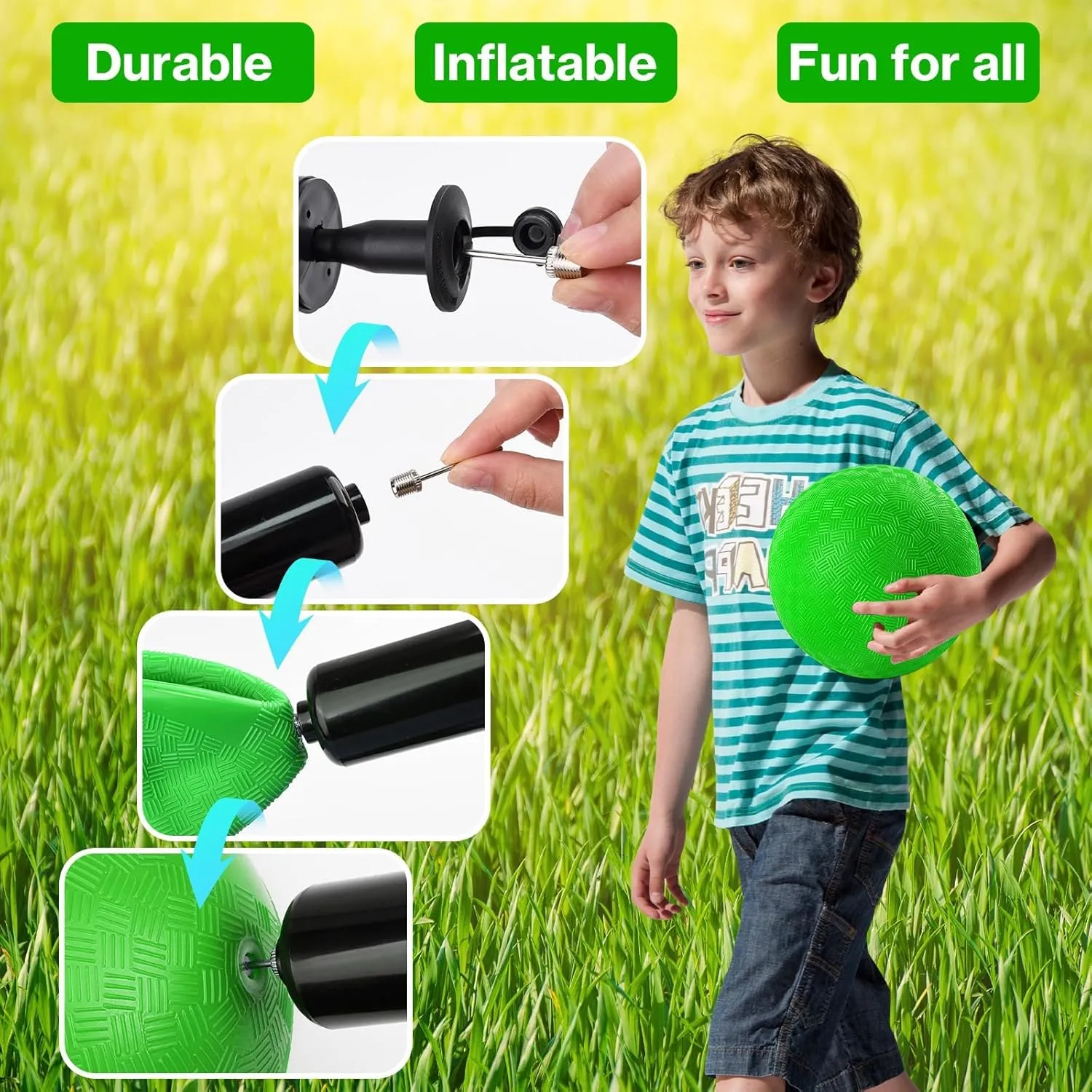 12 Pcs Dodgeballs 5 Inch Playground Ball Kickball Green Inflatable Rubber Handball Bouncy Dodge Ball with 1 Hand Pump for Outdoors Ball Games Gym Camps Picnic (Needle is at The Top of the Pump)