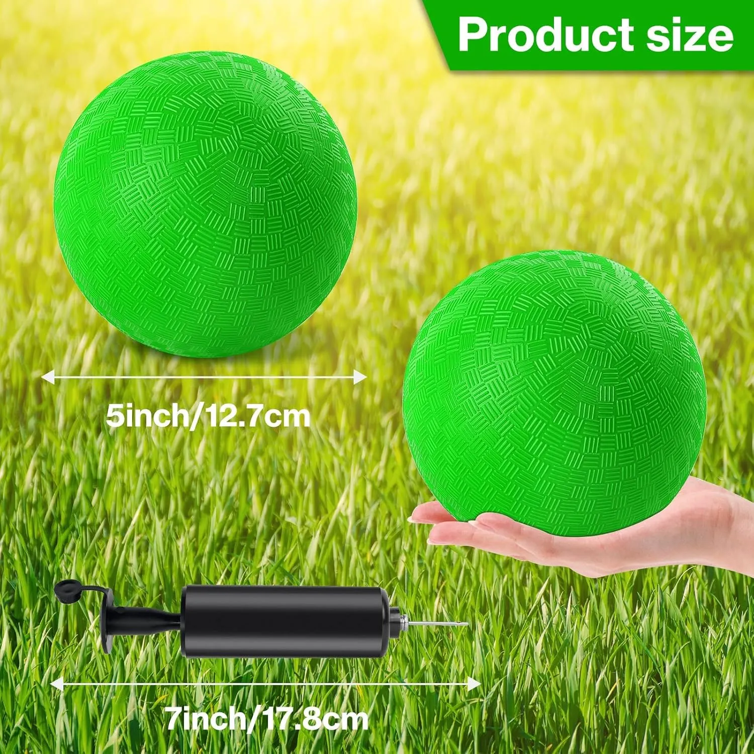 12 Pcs Dodgeballs 5 Inch Playground Ball Kickball Green Inflatable Rubber Handball Bouncy Dodge Ball with 1 Hand Pump for Outdoors Ball Games Gym Camps Picnic (Needle is at The Top of the Pump)