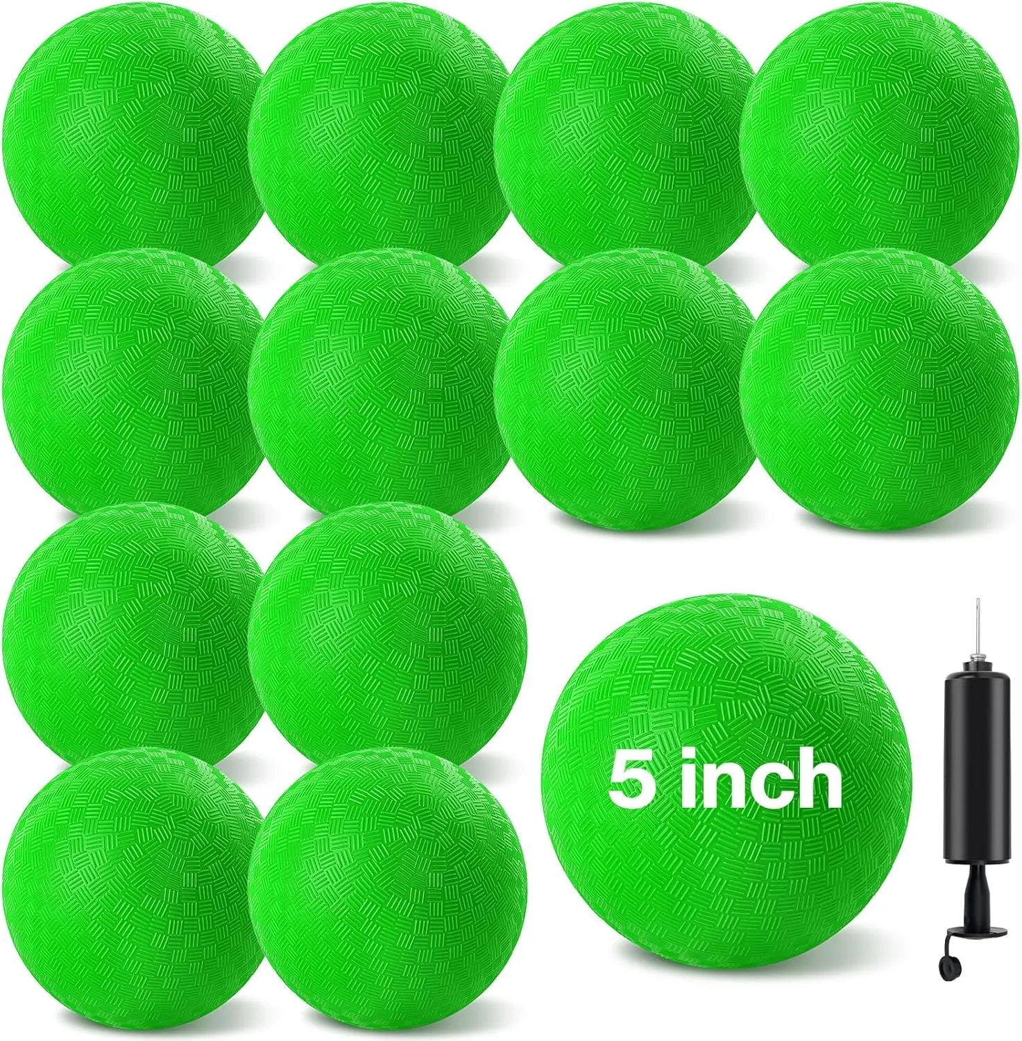 12 Pcs Dodgeballs 5 Inch Playground Ball Kickball Green Inflatable Rubber Handball Bouncy Dodge Ball with 1 Hand Pump for Outdoors Ball Games Gym Camps Picnic (Needle is at The Top of the Pump)