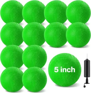 12 Pcs Dodgeballs 5 Inch Playground Ball Kickball Green Inflatable Rubber Handball Bouncy Dodge Ball with 1 Hand Pump for Outdoors Ball Games Gym Camps Picnic (Needle is at The Top of the Pump)