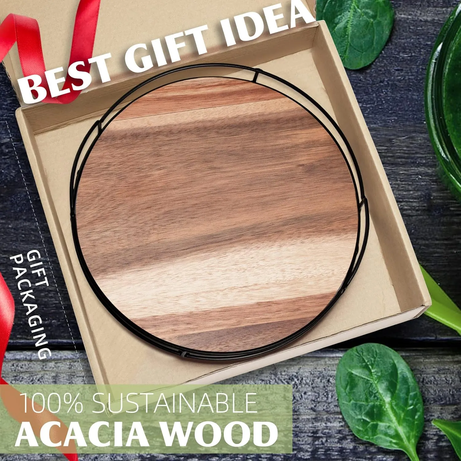 12.5" Acacia Wood Lazy Susan Turntable with Handles, Tomoaza Kitchen Organizer Turntable with Steel Sides, 360 Degree Turntable for Countertop Cabinet or Dining Table (Black)