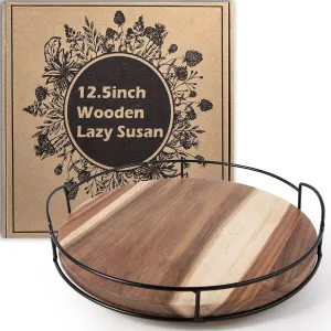 12.5" Acacia Wood Lazy Susan Turntable with Handles, Tomoaza Kitchen Organizer Turntable with Steel Sides, 360 Degree Turntable for Countertop Cabinet or Dining Table (Black)
