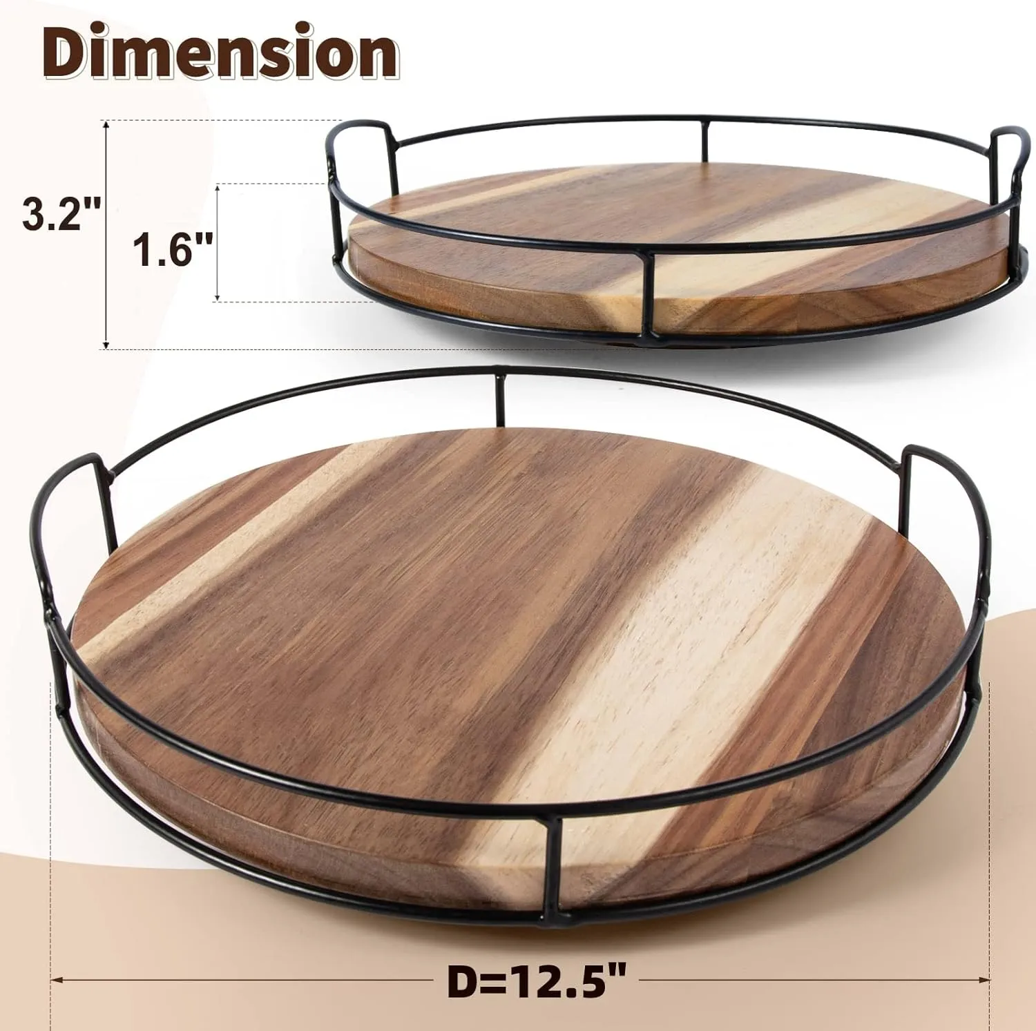 12.5" Acacia Wood Lazy Susan Turntable with Handles, Tomoaza Kitchen Organizer Turntable with Steel Sides, 360 Degree Turntable for Countertop Cabinet or Dining Table (Black)