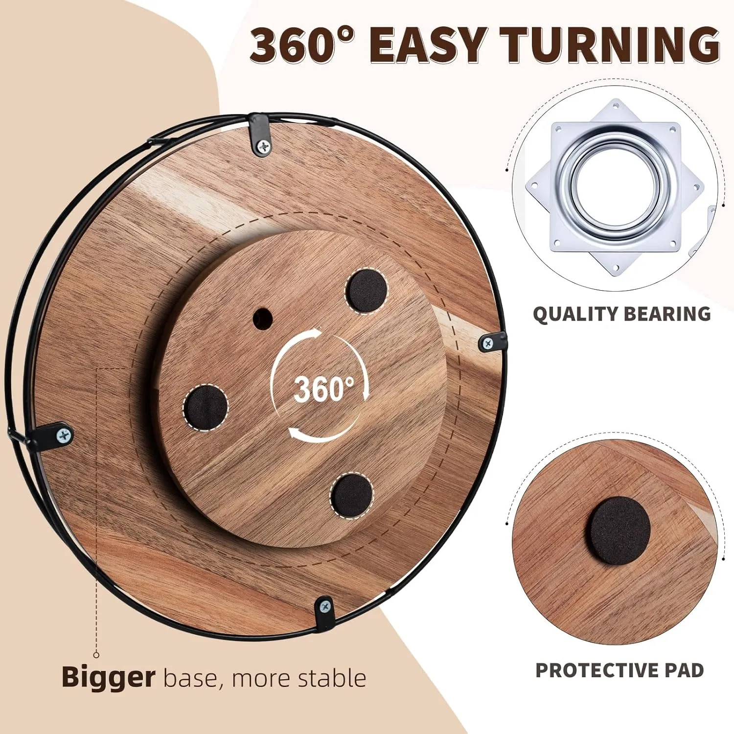 12.5" Acacia Wood Lazy Susan Turntable with Handles, Tomoaza Kitchen Organizer Turntable with Steel Sides, 360 Degree Turntable for Countertop Cabinet or Dining Table (Black)