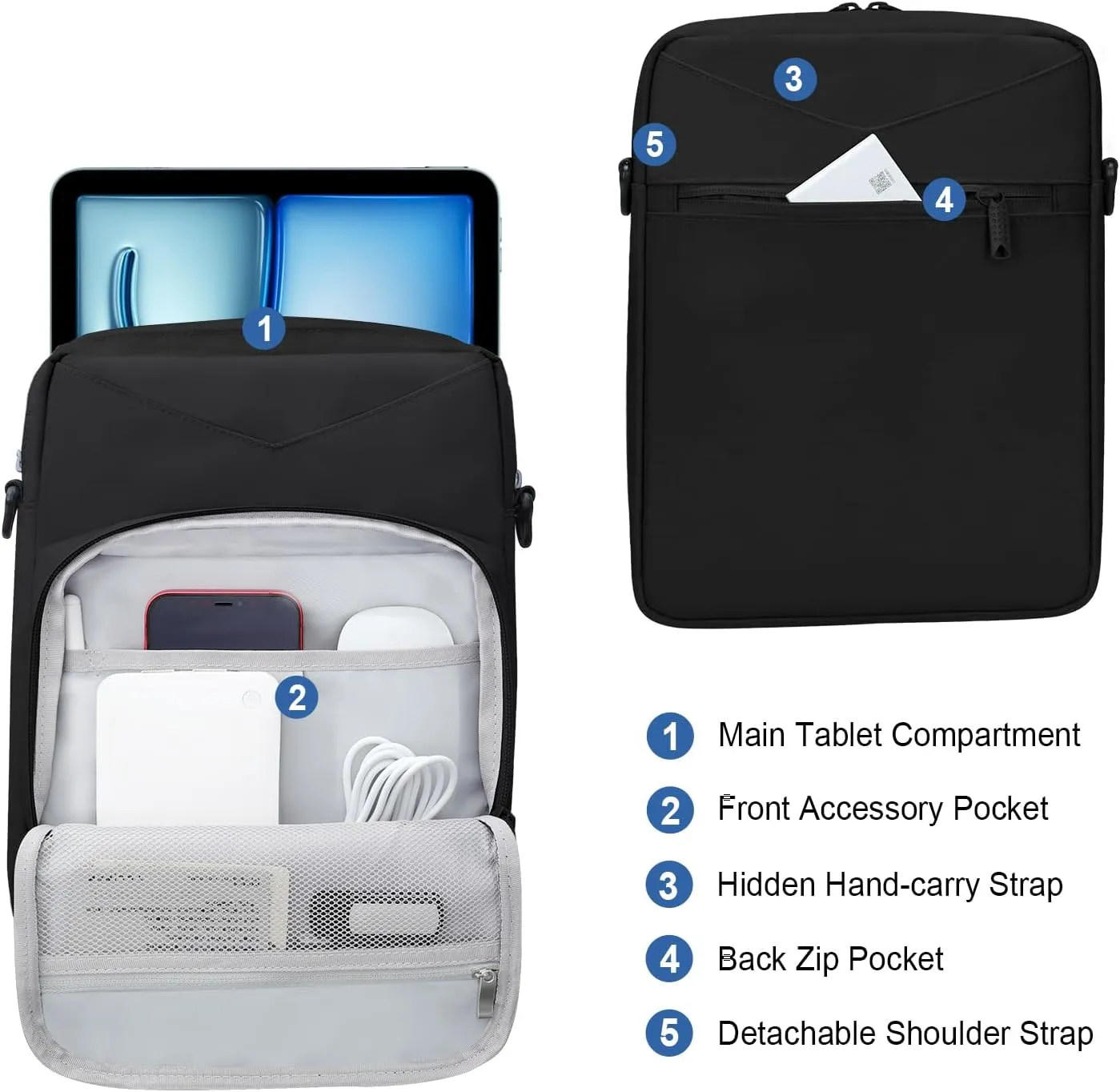 12.9 Inch Tablet Sleeve Bag, Padded Travel Carrying Case for iPad Pro 13-in. (M4), iPad Air 13-in. (M2), Surface Pro 9, 12.4 Galaxy Tab S9 , with Shoulder Strap (Black)