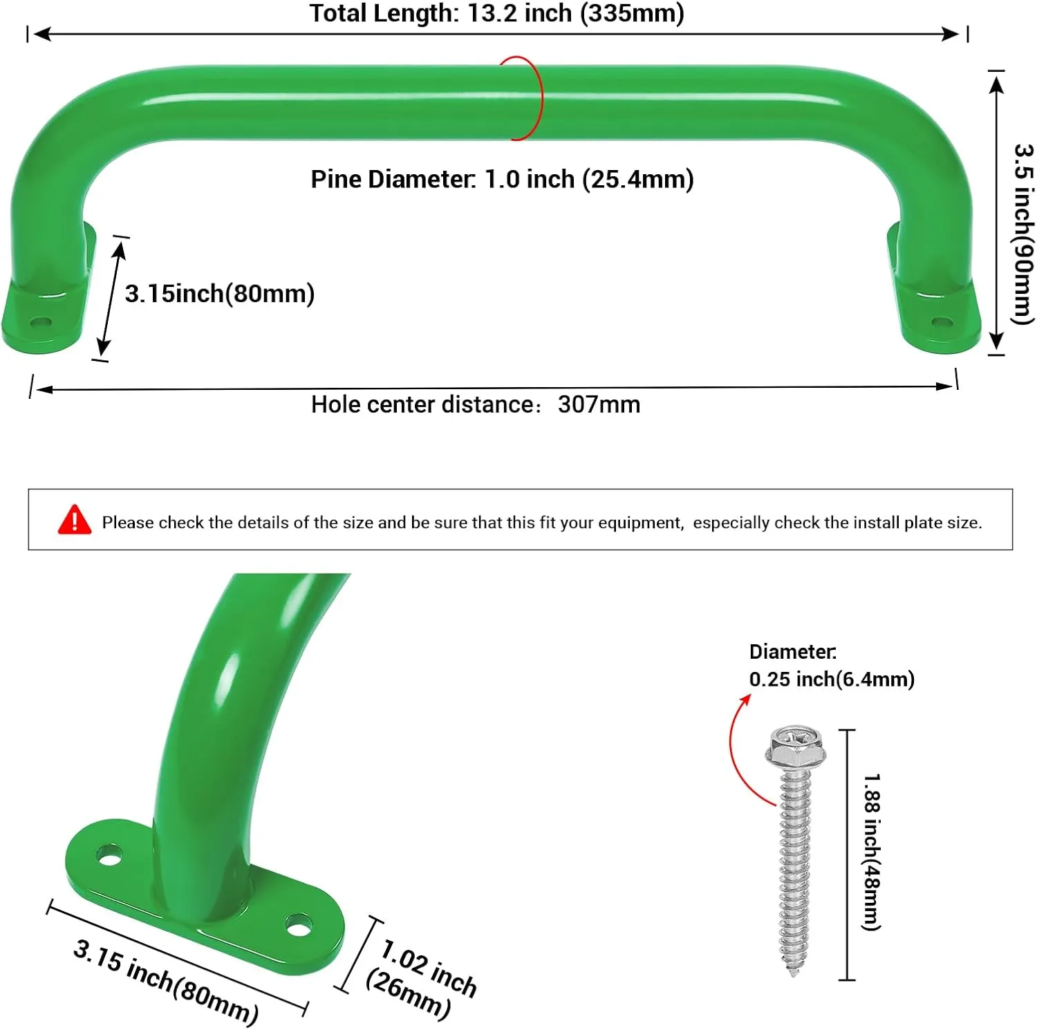 13'' Playground Safety Handle Metal Green 2 Pack, Outdoor Kids Playset Handles, Swing Set Grab Handles, Kids Grab Hand Bar for Jungle Gym, Climbing Frame, Playhouse, Treehouse
