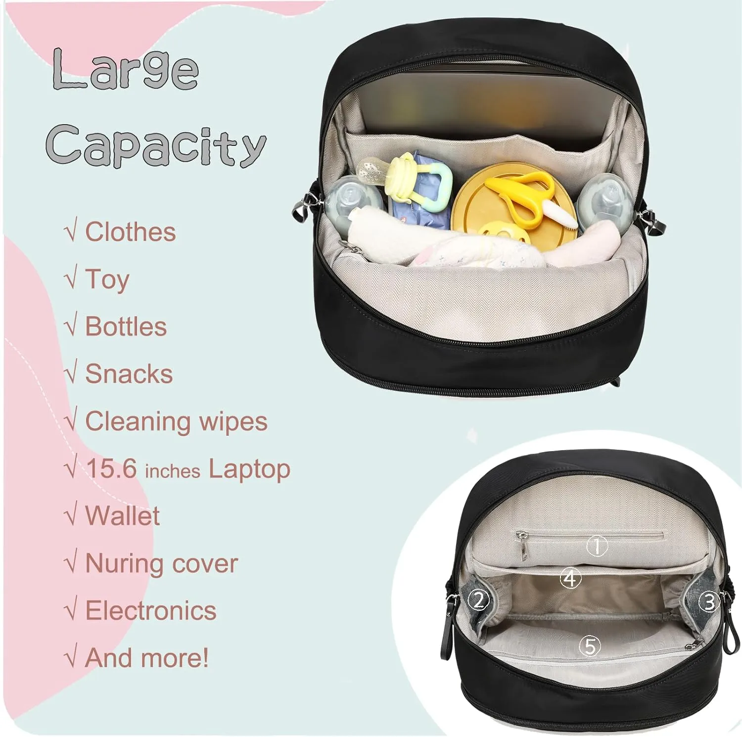 14 Pockets Diaper Bag Backpack, Lightweight Water-Resistant, Anti-Theft Pocket and Stroller Clips, Black