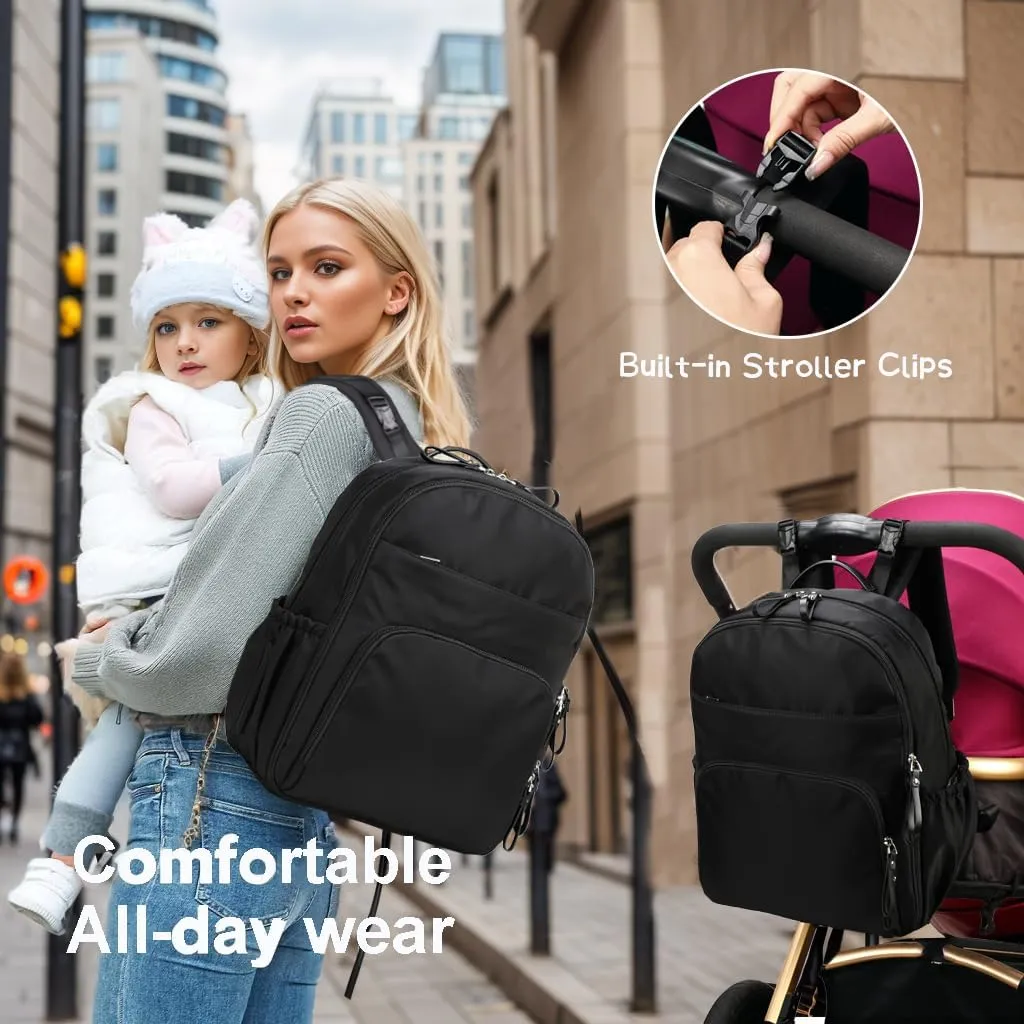 14 Pockets Diaper Bag Backpack, Lightweight Water-Resistant, Anti-Theft Pocket and Stroller Clips, Black