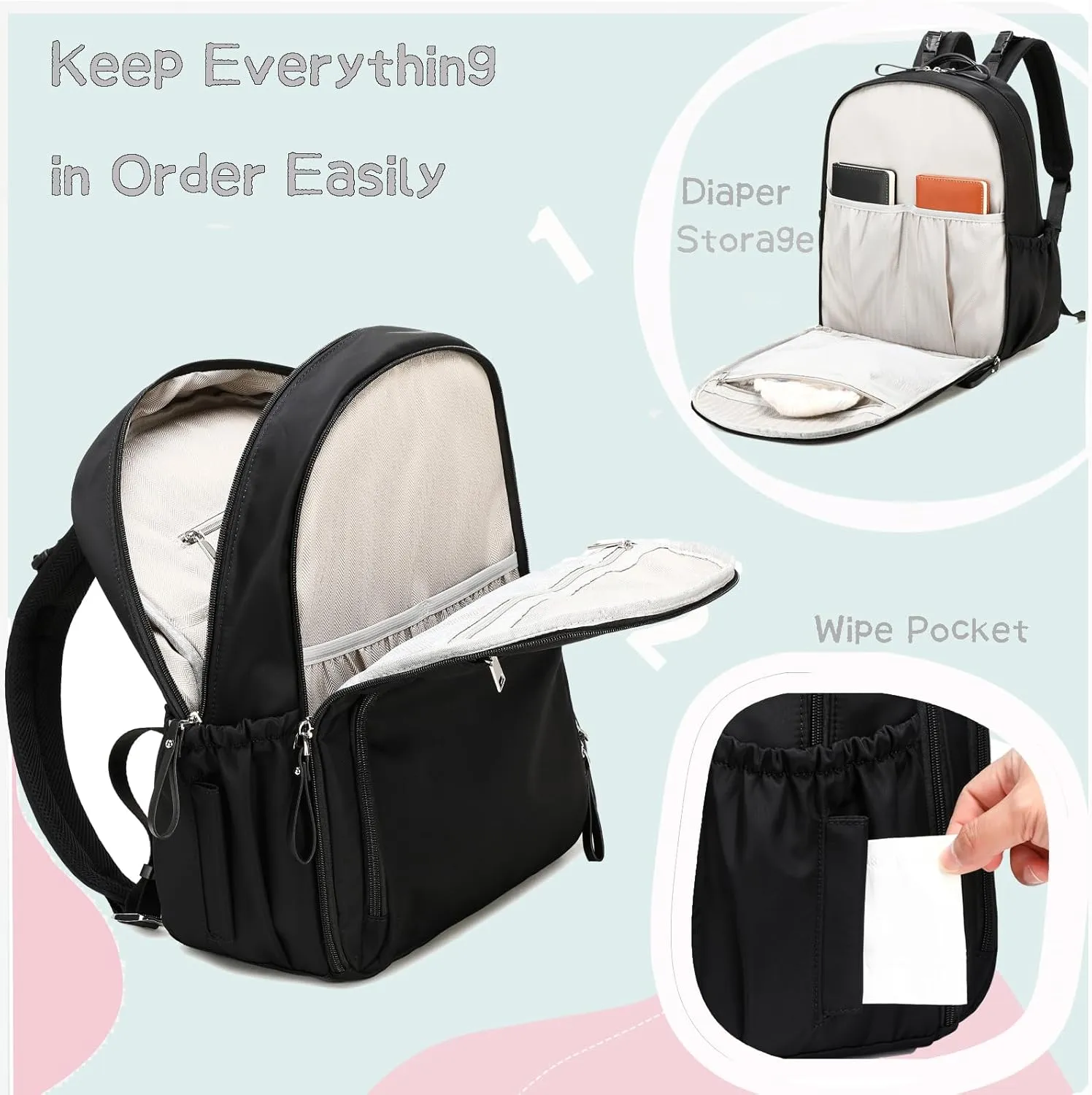 14 Pockets Diaper Bag Backpack, Lightweight Water-Resistant, Anti-Theft Pocket and Stroller Clips, Black