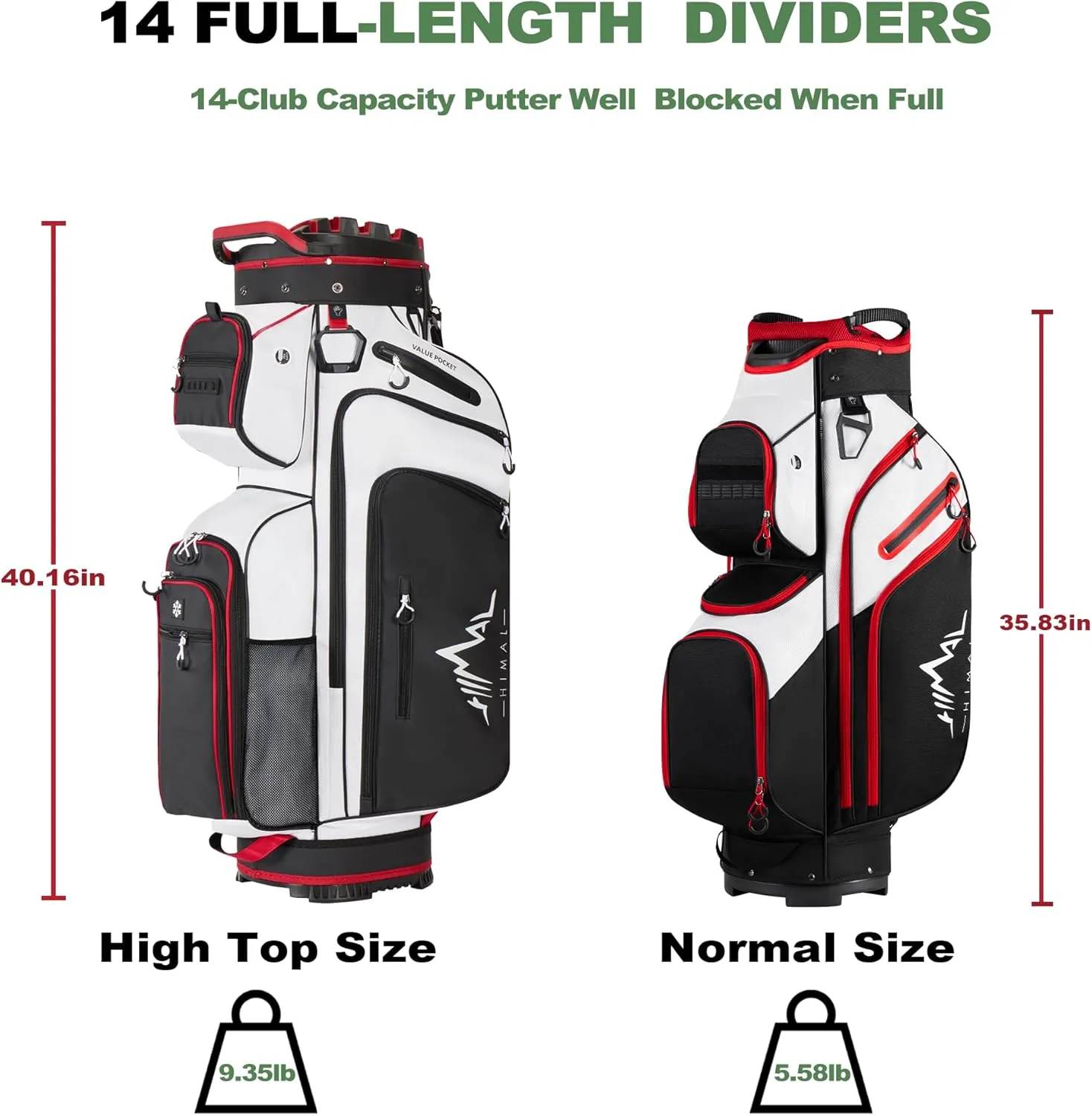 14-Way Golf Cart Bag, Premium Full Length Golf Bag for Men with Magnetic Leather Pocket, Handles and Rain Cover