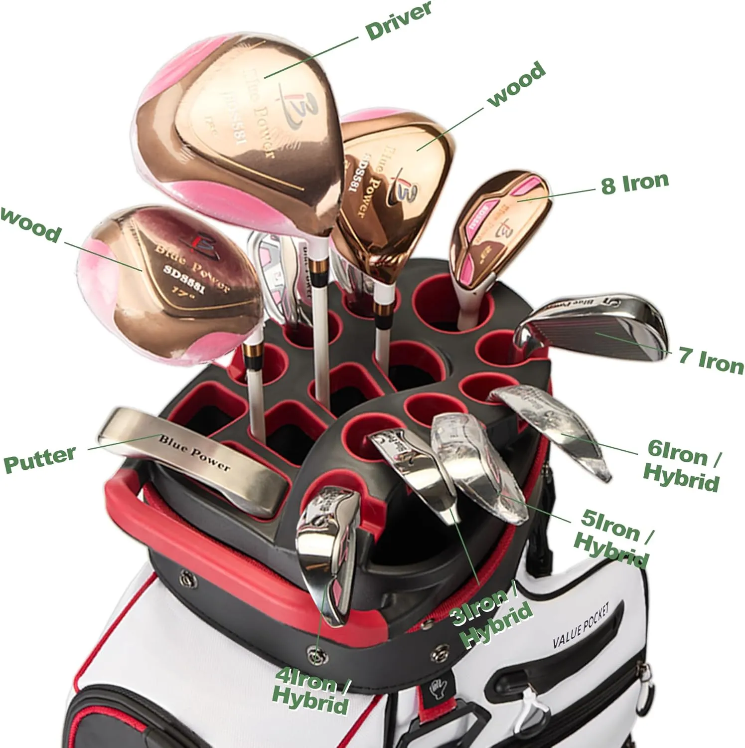 14-Way Golf Cart Bag, Premium Full Length Golf Bag for Men with Magnetic Leather Pocket, Handles and Rain Cover