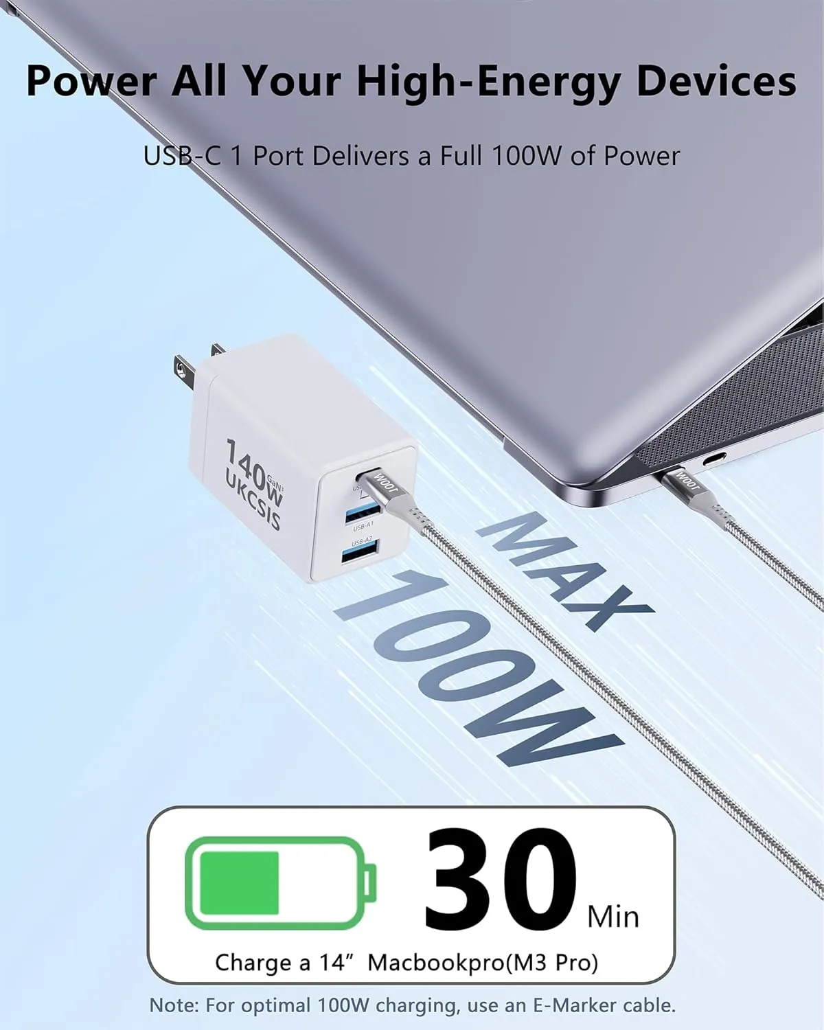 140W USB C Charger Block - UKCSIS 3-Port GaN Fast Chargers 2 Pack, Foldable USB C Wall Charger, Compact 100W Laptop Adapter, for MacBook Pro/Air, iPad Pro, Galaxy, iPhone Series, White