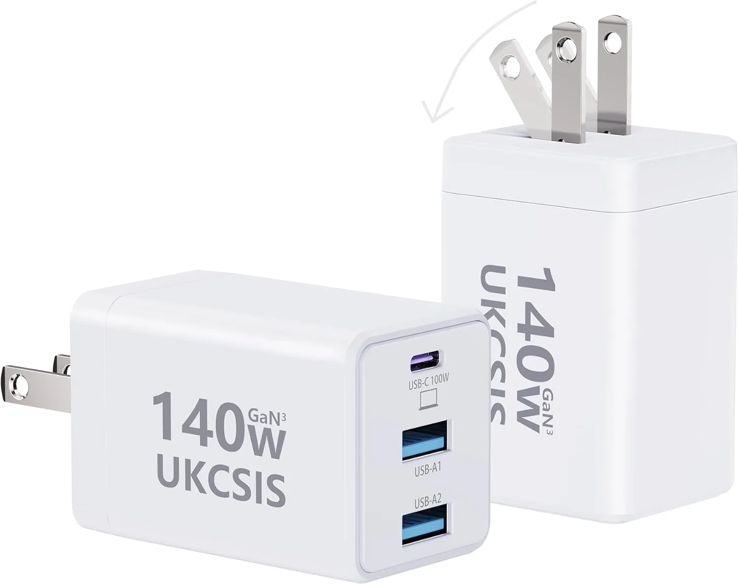 140W USB C Charger Block - UKCSIS 3-Port GaN Fast Chargers 2 Pack, Foldable USB C Wall Charger, Compact 100W Laptop Adapter, for MacBook Pro/Air, iPad Pro, Galaxy, iPhone Series, White