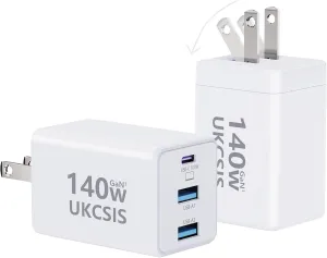 140W USB C Charger Block - UKCSIS 3-Port GaN Fast Chargers 2 Pack, Foldable USB C Wall Charger, Compact 100W Laptop Adapter, for MacBook Pro/Air, iPad Pro, Galaxy, iPhone Series, White