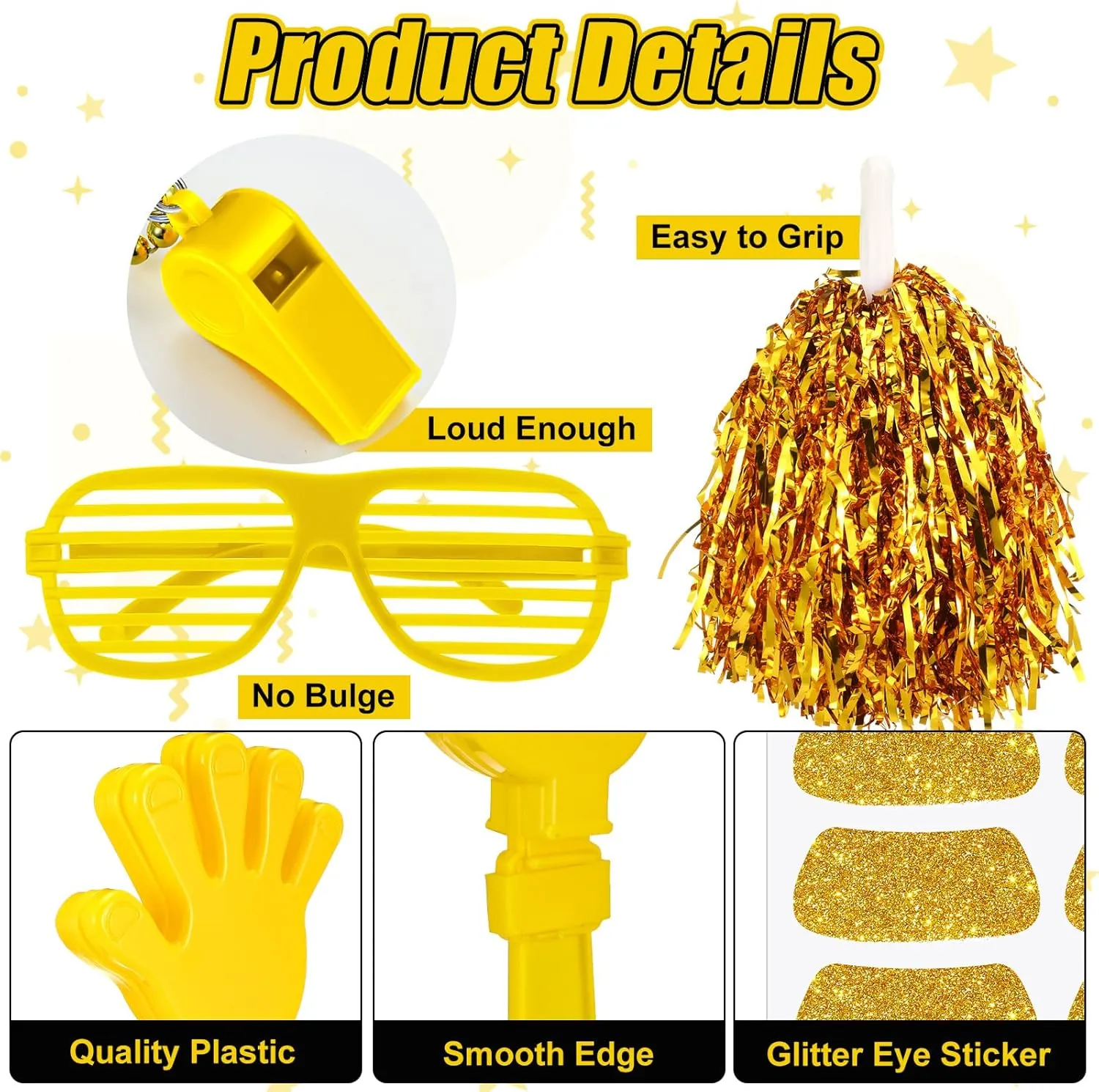 148 Pcs School Spirit Items Bulk Team Spirit Week Accessories Include Hand Clappers Noisemakers Whistles Cheerleading Pom Poms Shutter Glasses Eye Black Sticker for Sports