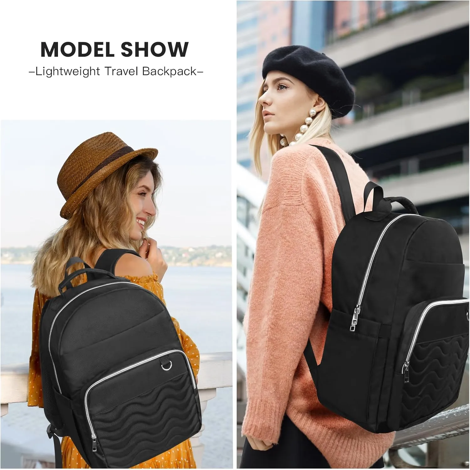 15.6 Inch Laptop Backpack for Women, Work Business Travel College Bags, Water-Resistant Quilted Casual Daypack (Black-Silver)