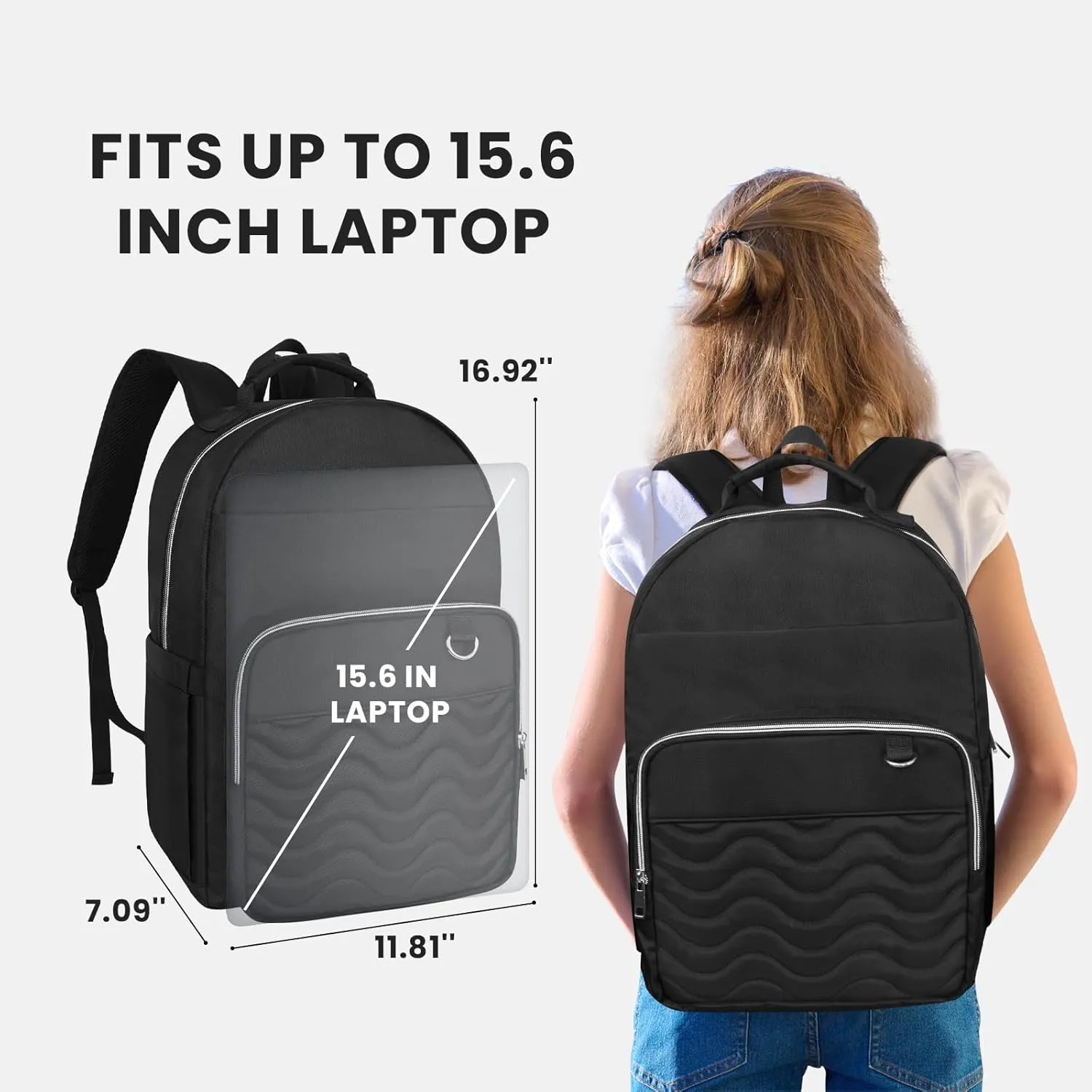 15.6 Inch Laptop Backpack for Women, Work Business Travel College Bags, Water-Resistant Quilted Casual Daypack (Black-Silver)