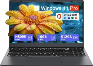 15.6-inch Windows 11 Laptop, 16GB RAM, 512GB SSD, FHD IPS Display Laptop Computer, Intel N5095 Quad Core, 2.4/5G WiFi, BT4.2 Backlit and Fingerprint, Lightweight and Portable