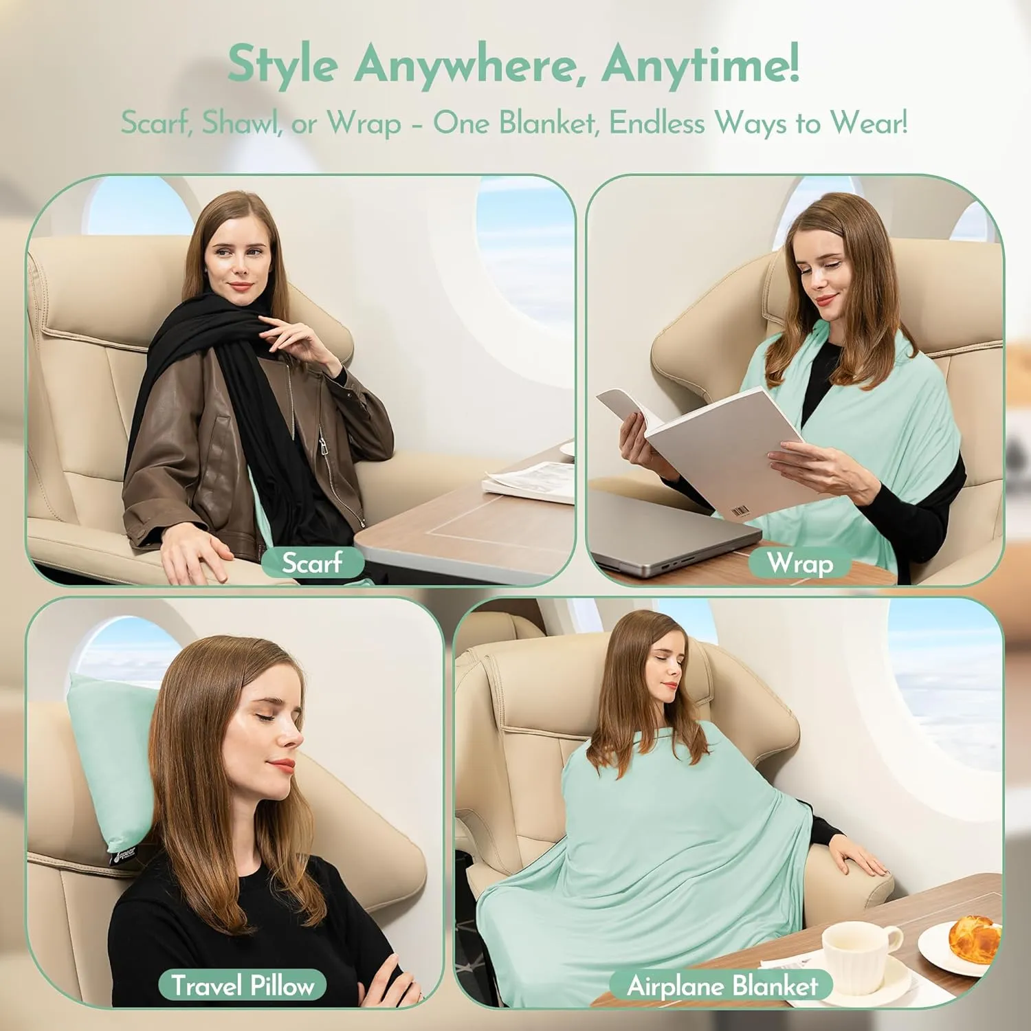 16-in-1 Compact Travel Blanket with Bag – Reversible, Ultra Soft Bamboo Airplane Blanket with Hidden Pocket - Lightweight & Packable for Flights, Camping, Picnic, Travel Essentials
