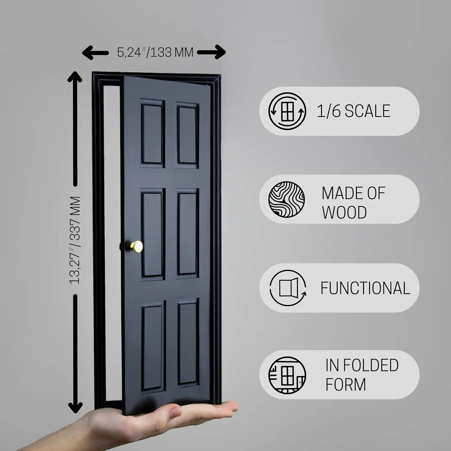 1/6 Scale Wooden Dollhouse 6 Panel Door – 6-Panel Design with Handles – Classic Design – Easy Installation– Multiple Colors Available (Black)