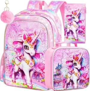 16" Backpack for Girls Boys 4-8, 3Pcs Kids Bookbag Set with Lunch Box, School Bag for Preschool Kindergarten