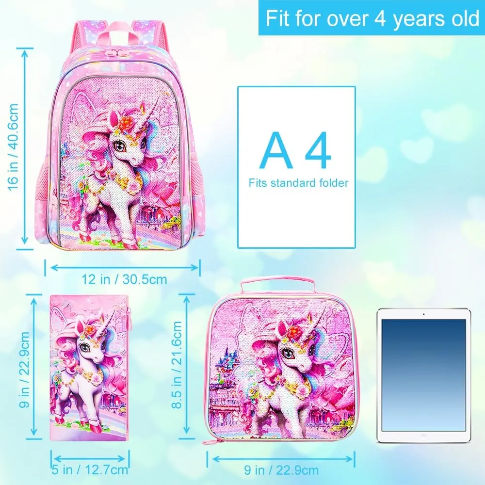 16" Backpack for Girls Boys 4-8, 3Pcs Kids Bookbag Set with Lunch Box, School Bag for Preschool Kindergarten