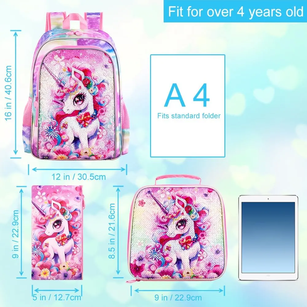 16" Backpack for Girls Boys 4-8, 3Pcs Kids Bookbag Set with Lunch Box, School Bag for Preschool Kindergarten