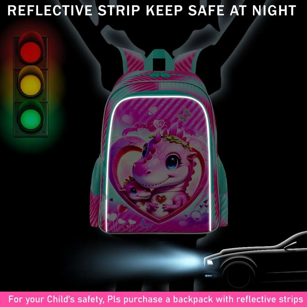 16" Dinosaur Backpack for Girls, 3Pcs School Bookbag with Lunch Box, Kids Backpacks Set for Elementary Preschool Kindergarten(Pink)