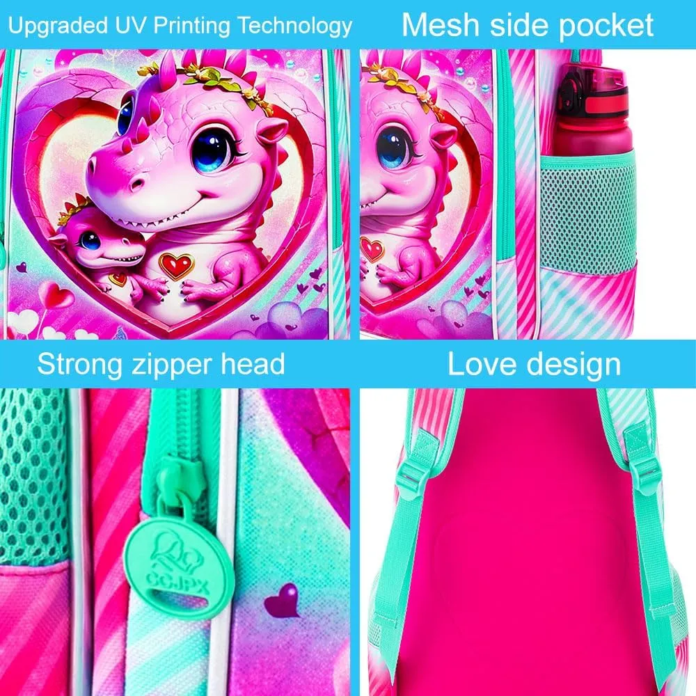 16" Dinosaur Backpack for Girls, 3Pcs School Bookbag with Lunch Box, Kids Backpacks Set for Elementary Preschool Kindergarten(Pink)