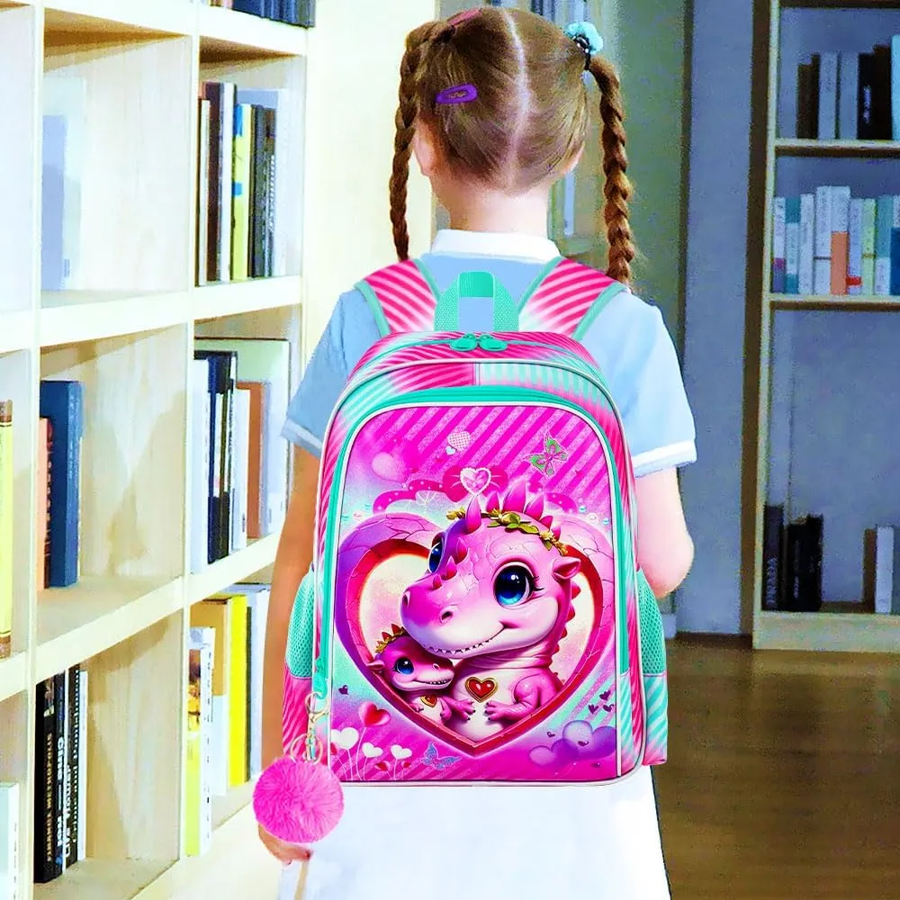 16" Dinosaur Backpack for Girls, 3Pcs School Bookbag with Lunch Box, Kids Backpacks Set for Elementary Preschool Kindergarten(Pink)