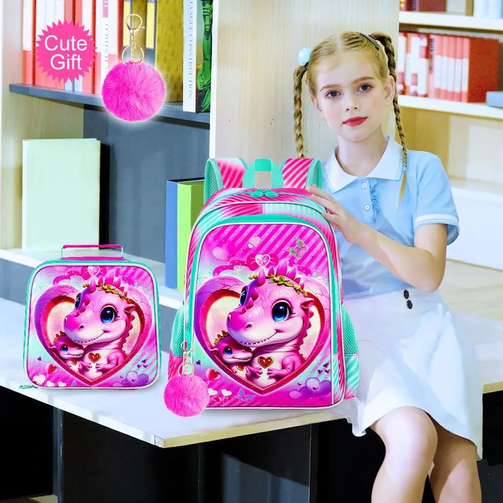 16" Dinosaur Backpack for Girls, 3Pcs School Bookbag with Lunch Box, Kids Backpacks Set for Elementary Preschool Kindergarten(Pink)