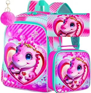 16" Dinosaur Backpack for Girls, 3Pcs School Bookbag with Lunch Box, Kids Backpacks Set for Elementary Preschool Kindergarten(Pink)