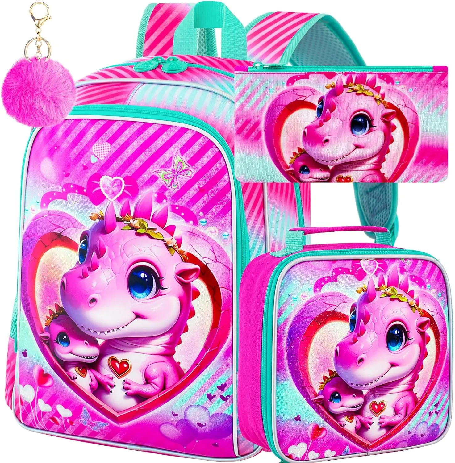16" Dinosaur Backpack for Girls, 3Pcs School Bookbag with Lunch Box, Kids Backpacks Set for Elementary Preschool Kindergarten(Pink)